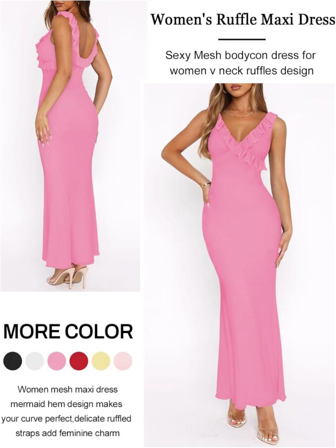 Women Sexy Sleeveless V-Neck Ruffle Backless Summer Dresses Long Formal Dress for Women Cocktail Party Prom Dress – Bild 2