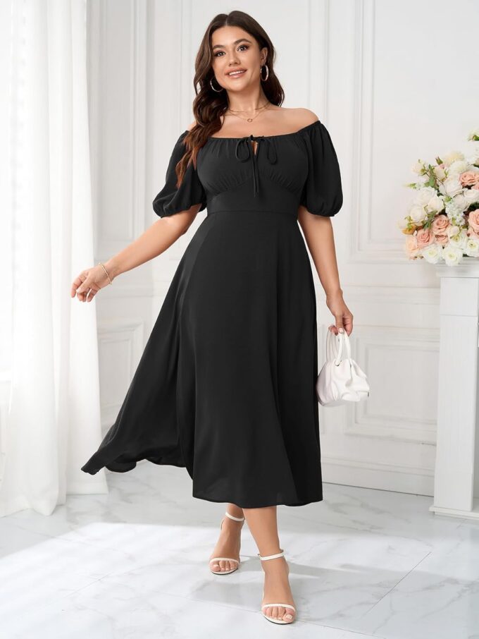 Women's Plus Size Summer Dress Short Sleeve Square Neck Milkmaid Dress Tie Front Split A-Line Maxi Long Dresses – Bild 4