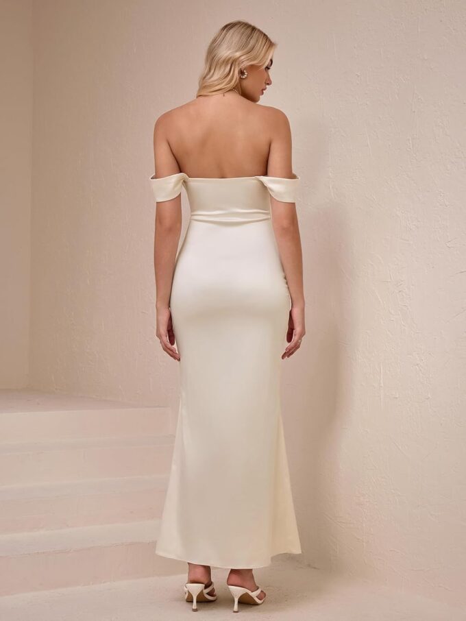 KUTUMAI Women Off Shoulder Satin Maxi Dress Elegant Ruched Bodycon Long Cocktail Formal Wedding Guest Dresses – Bild 3
