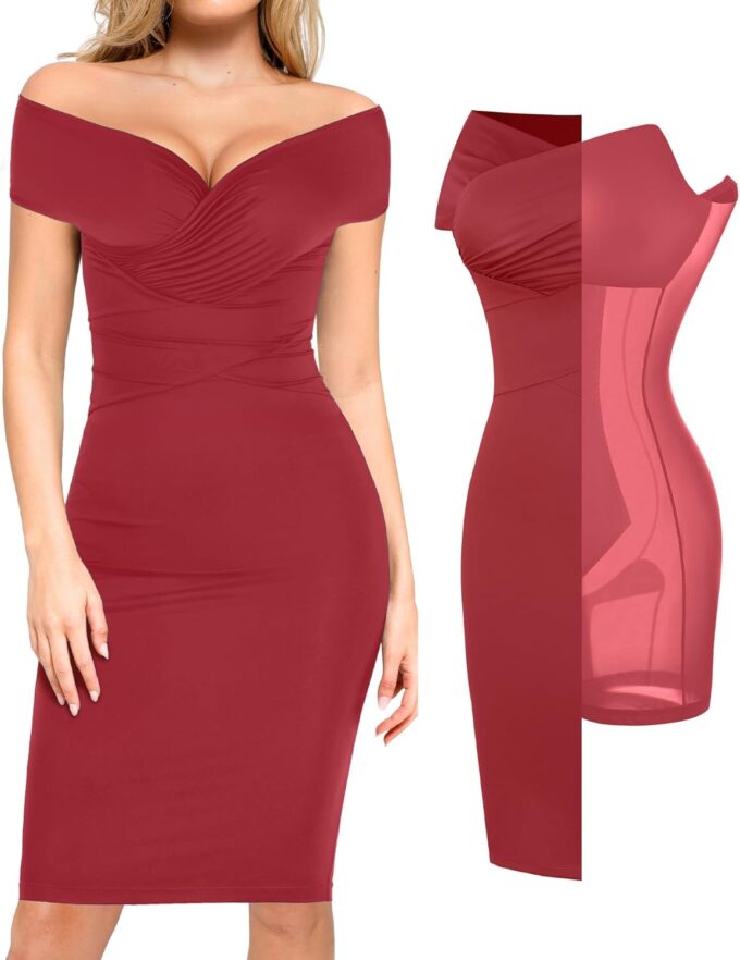 Popilush Off Shoulder Midi Dresses for Women Shapewear Tummy Control Wrap V Neck Formal Cocktail Wedding Guest Dress
