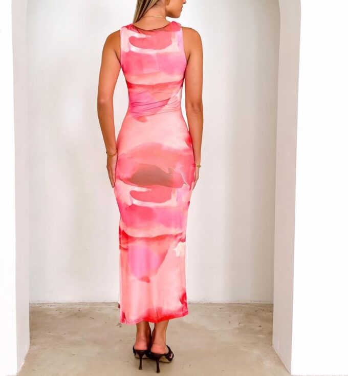 Bodycon Mesh Dresses for Women Sleeveless Midi Floral Tie Dye Dress Side Slit Wedding Cocktail Party Dresses – Bild 3