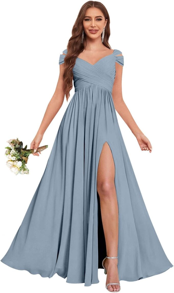 Off The Shoulder Bridesmaid Dresses with Slit Pockets Long Pleated Chiffon Formal Evening Dress for Women – Bild 5