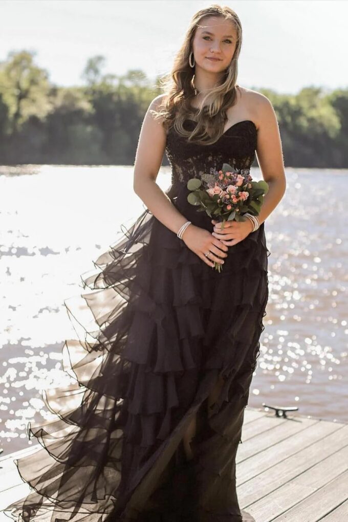 Strapless Ruffles Corset Prom Dresses 2025 for Women Lace Tiered Chiffon Long Formal Evening Gown with Slit WO066 – Bild 6