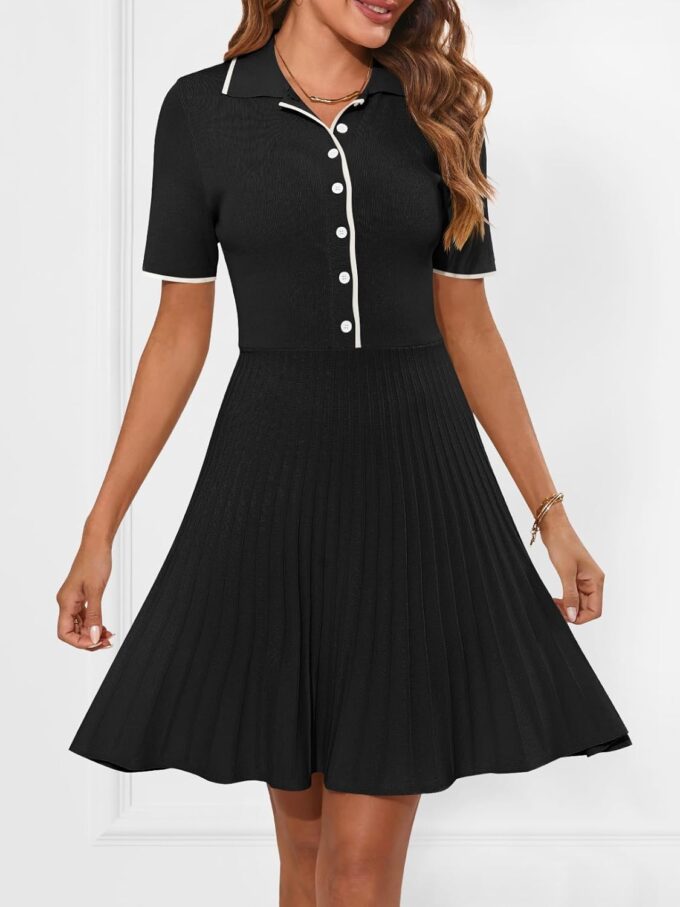 MEROKEETY Women's Summer Ribbed Knit Midi Dresses Short Sleeve V Neck Button A Line Swing Sweater Dress – Bild 6