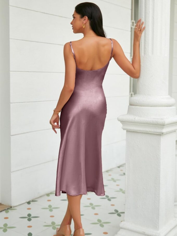 Women's 2024 Satin Dress Elegant Sleeveless Slip Cowl Neck Cocktail Party Dress Ruched Formal Midi Dresses – Bild 4