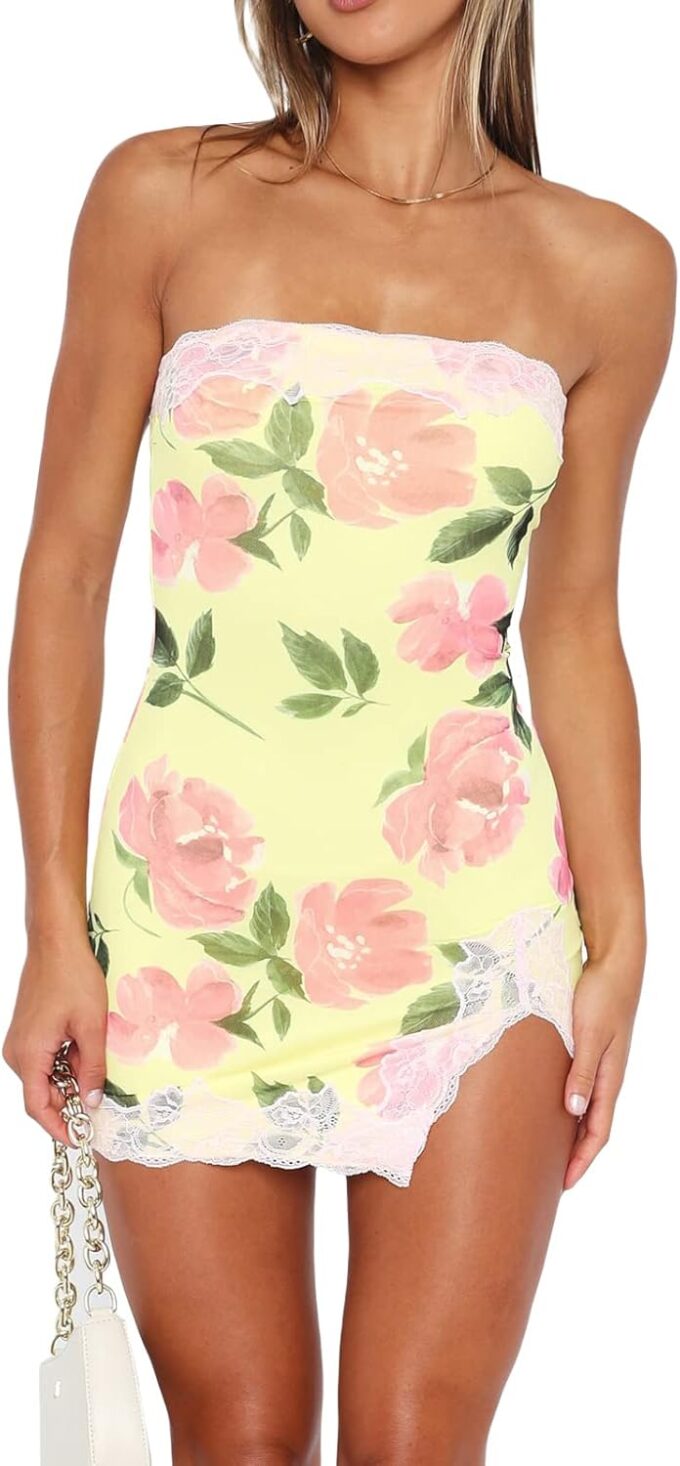 Fanvereka Summer Sexy Floral Tube Dress Y2K Strapless Bodycon Mini Dress Short Bandeau Dress for Teen Girl Shoping Beach Club