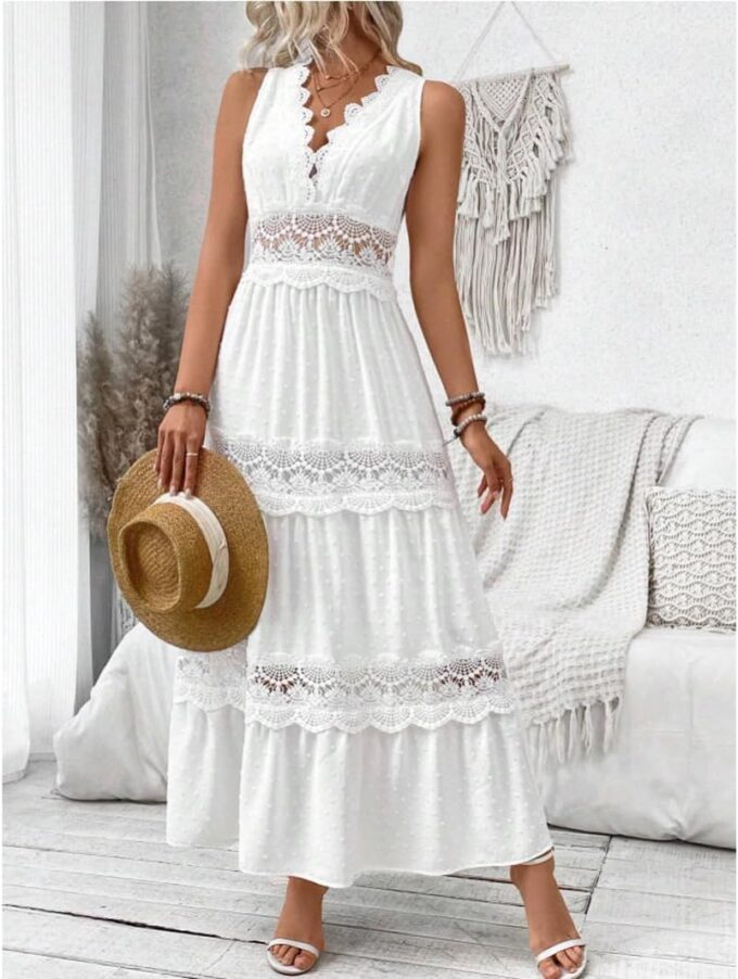 utcoco Womens Summer Embroidery Crochet Maxi Dresses Spliced Hollow Out V Neck Casual Sleeveless Flowy Boho Long Dress – Bild 6