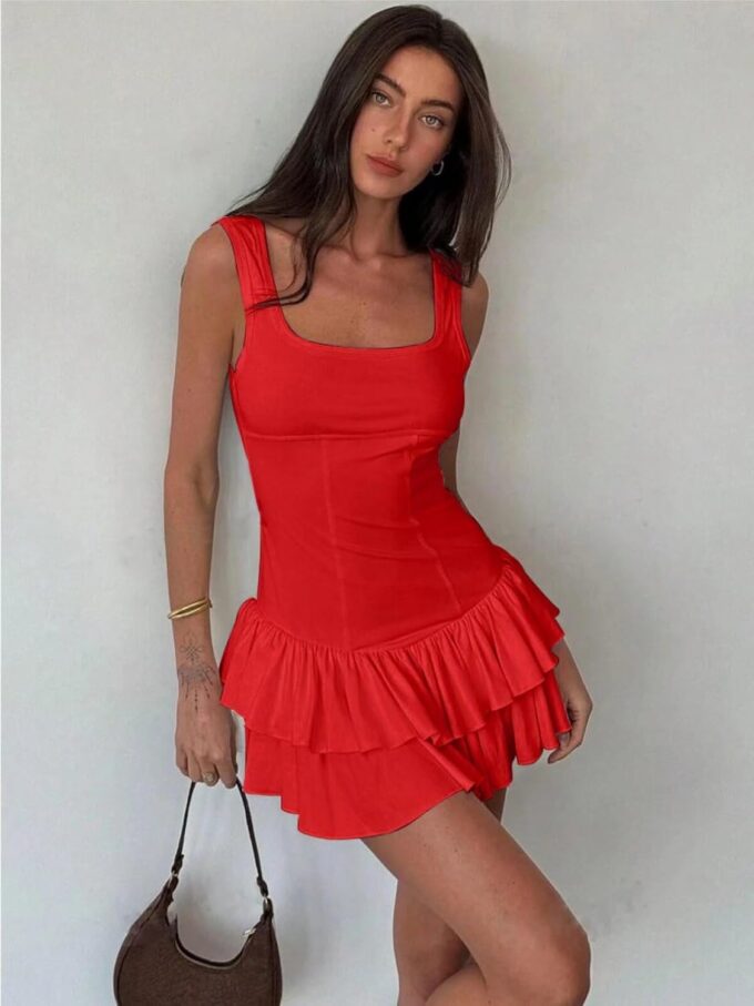 Women's Sexy Mini Dress 2025 Summer Square Neck Ruffle Ruched Corset Party Club Tank Short Dresses – Bild 2