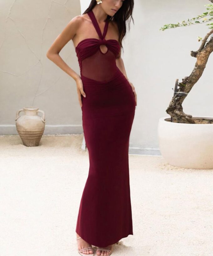 Women's Sexy Halter Backless Maxi Dress Mesh Patchwork Hollow Out Sleeveless Bodycon Ruched Cocktail Formal Long Dresses – Bild 4