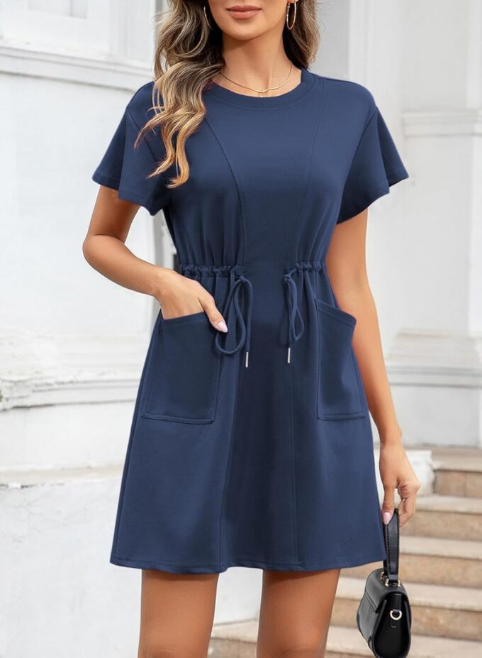 EVALESS Womens Spring Summer Dresses 2025 Casual Round Neck Ruffle Short Sleeve Flowy A Line Mini Dress with Pockets – Bild 2