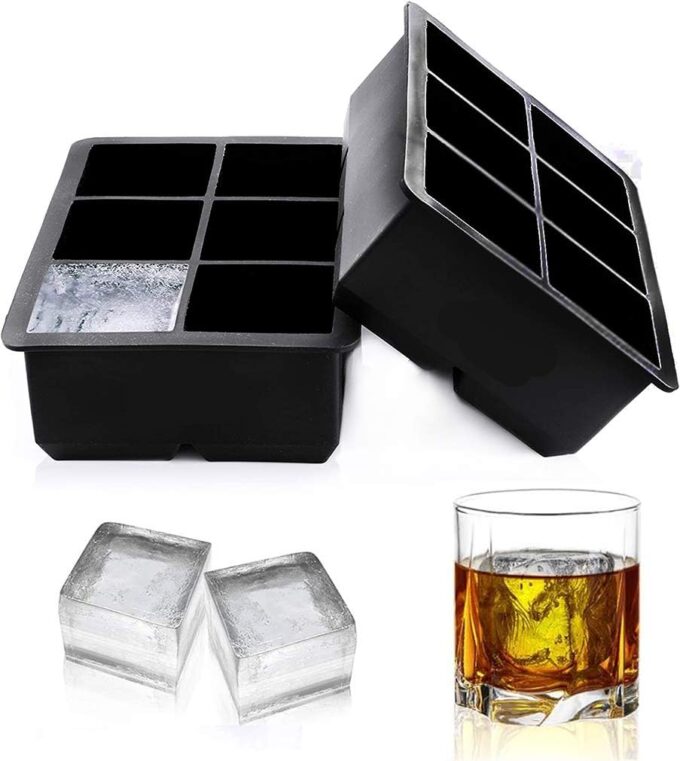 Ice Cube Trays Large Size Flexible 6 Cavity Ice Cube Square Molds for Whiskey and Cocktails, Keep Drinks Chilled (2Pcs)