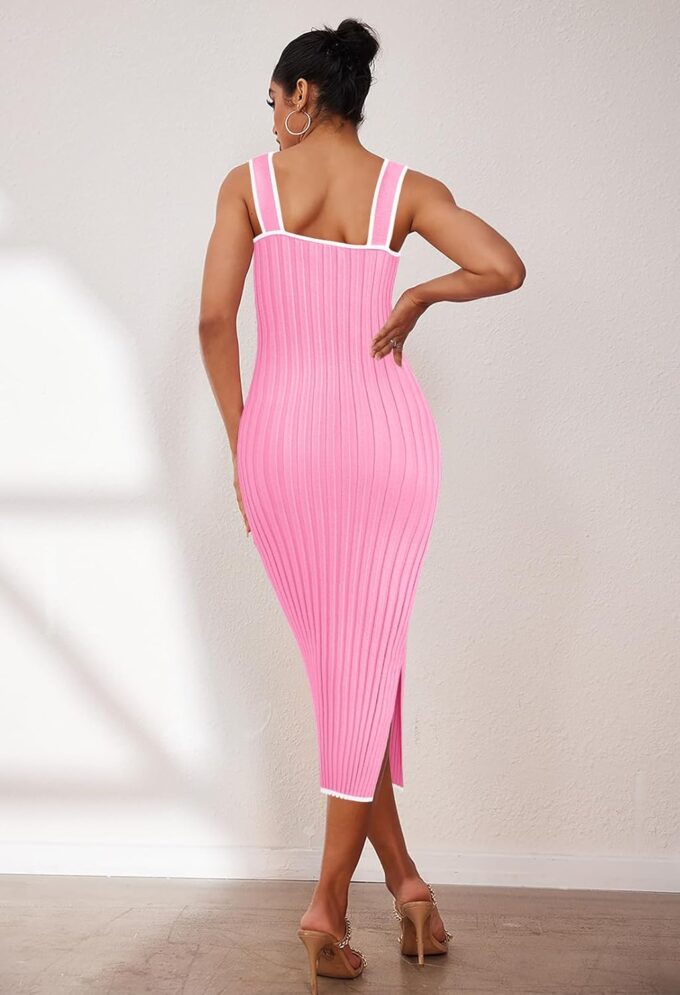 MEROKEETY Women's 2025 Summer Bodycon Midi Dress Vacation Sleeveless Ribbed Knit Striped Sweater Dresses – Bild 7