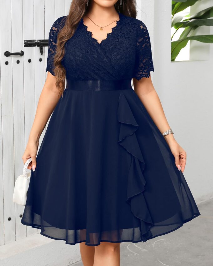 Plus Size Wedding Guest Dress - Formal Cocktail Party Ruffle Elegant Tea Length Lace Chiffon V Neck Midi Dresses – Bild 3