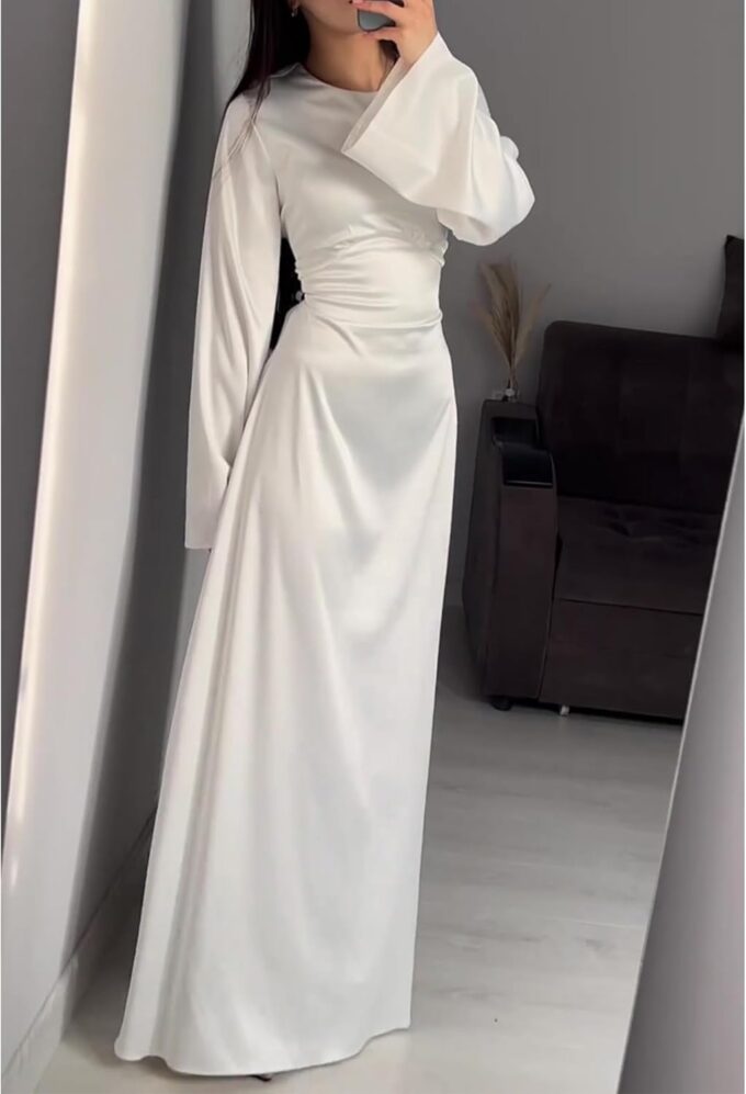 xxxiticat Women's Slip Satin Long Dress Long Sleeve Round Neck Back Lace Up Bandage Tie Wedding Party Maxi Dresses – Bild 3