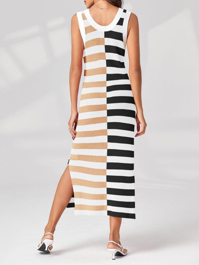 Wenrine Womens Summer Striped Dress Sleeveless Knitted Contrast Color Side Slit Casual Maxi Beach Dress – Bild 4