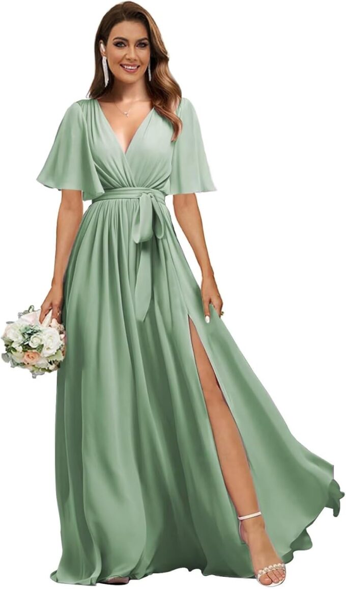 Flutter Sleeve Chiffon Bridesmaid Dresses Long with Pockets Slit V Neck Formal Dress for Women