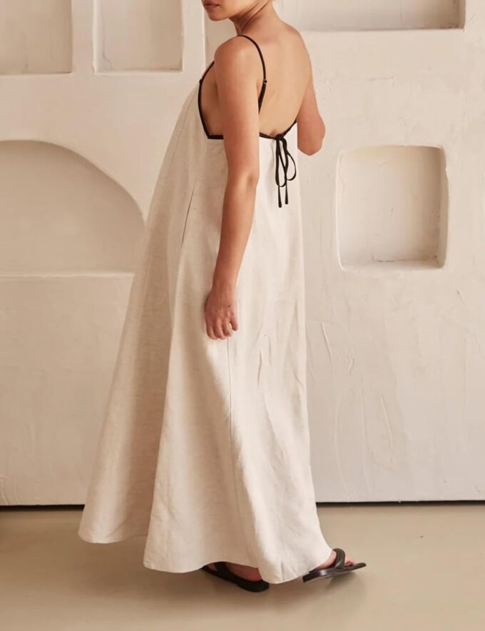 Womens Summer Linen Maxi Dress Contrast Trim Spaghetti Straps Backless Sleeveless Long Flowy Dresses – Bild 4