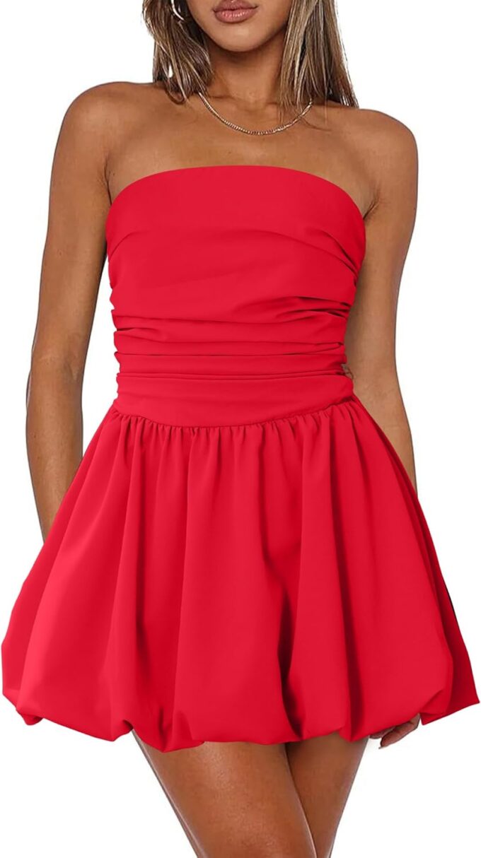 Women's Strapless Tube Top Bubble Mini Dress Ruched Bow Back Dresses Party Cocktail