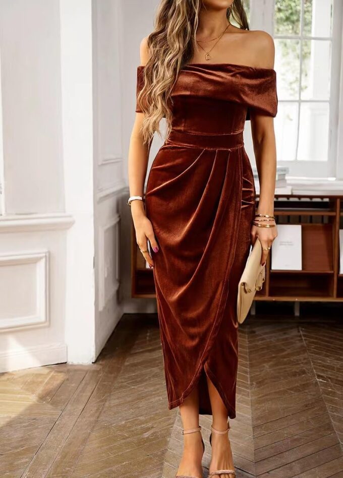 Off The Shoulder Vintage Velvet Bodycon Midi Dress for Women Wrap Slit Elegant Cocktail Party Evening Pencil Dress – Bild 5