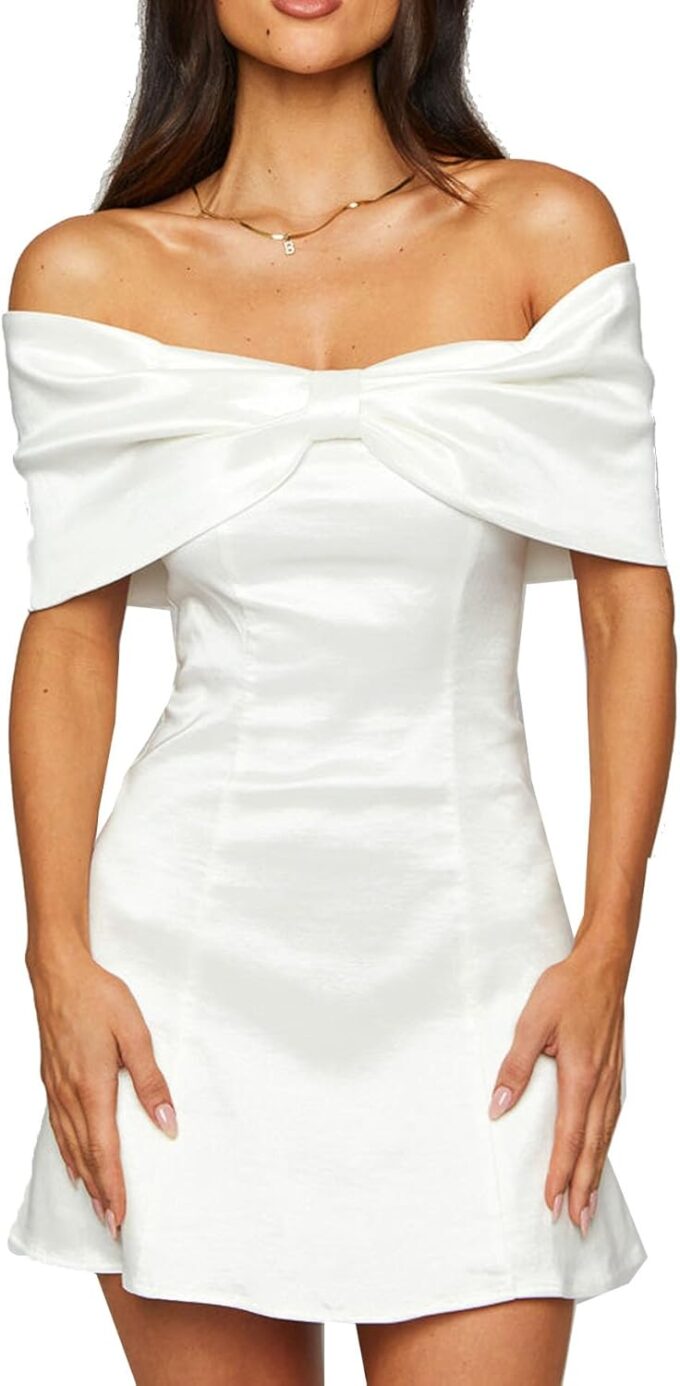 Women's Elegant Satin Off Shoulder Bow Front Mini Dress Stretchy Fitted Bodycon Party Club Cocktail Dress