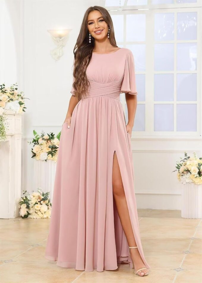 Women's Chiffon Bridesmaid Dresses with Slit Scoop Neck Flutter Sleeve Formal Wedding Guest Dress with Pockets – Bild 2