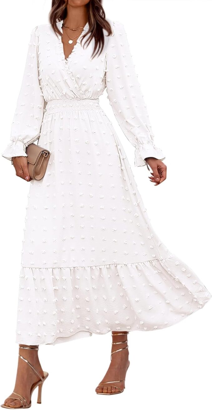 BTFBM Women Fall Maxi Dresses 2025 Long Sleeve V Neck Swiss Dots High Waisted A-Line Ruffle Boho Long Dress Vacation