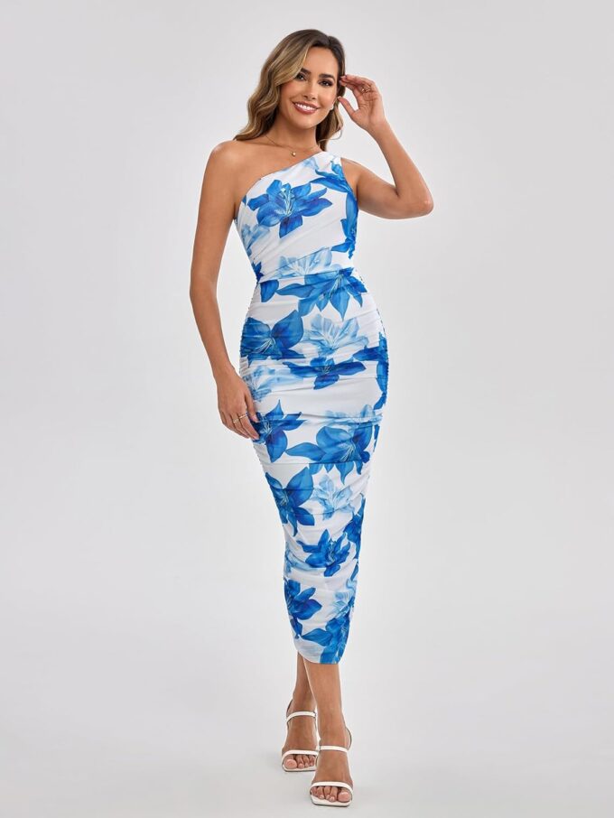 Floral One Shoulder Midi Dress for Women Summer Bodycon Ruched Cocktail Wedding Guest Dress – Bild 2