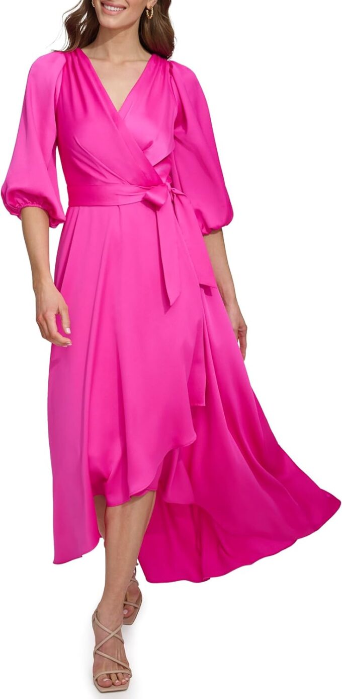 DKNY Women's Balloon Sleeve Satin Faux Wrap Maxi Dress – Bild 2