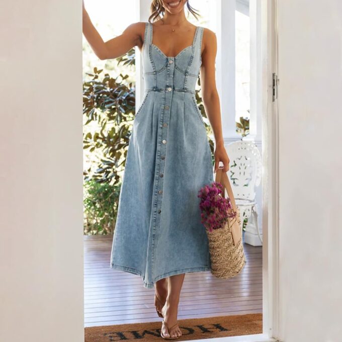 Women's Summer Casual Button Down Denim Dress Sleeveless Slim Fit Midi A-Line Jean Dress – Bild 2