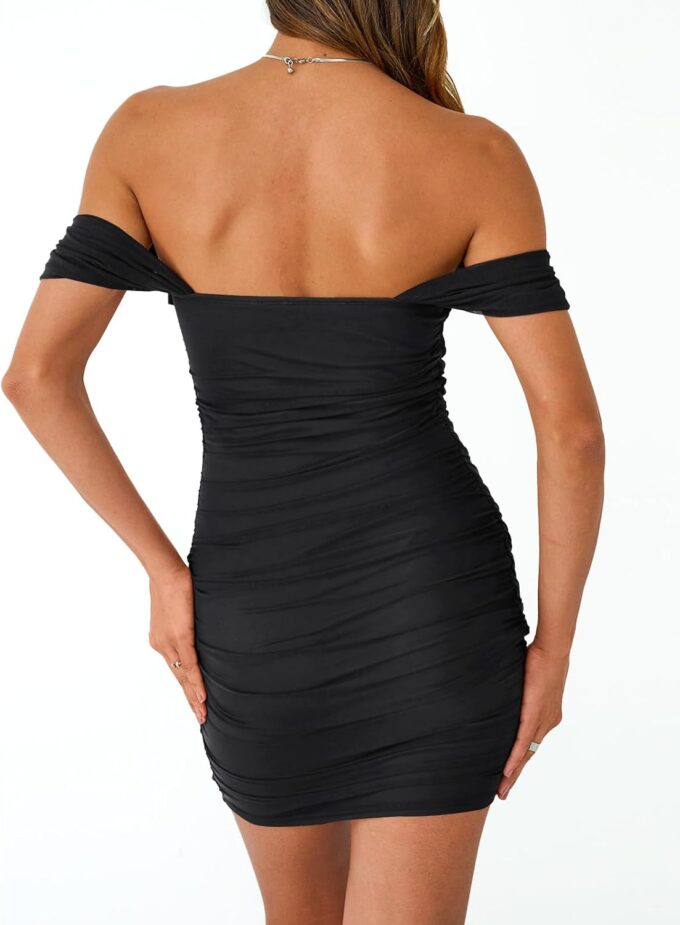 Trendy Queen Womens Mesh Off The Shoulder Ruched Mini Dresses Summer Party Bodycon Short Dress – Bild 4