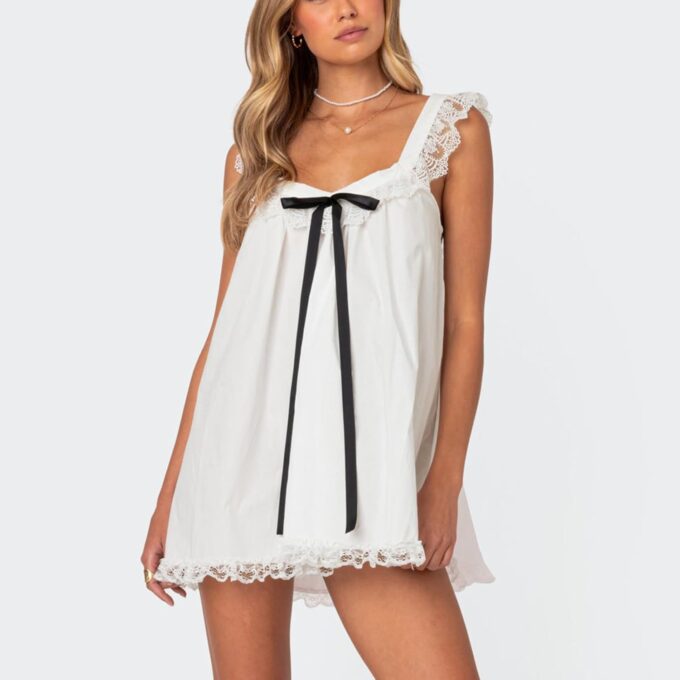 Women Y2K Lace Trim Slip Dress Casual Bow Tie Pleated Ruffle Tunic Dress Summer Outgoing Solid Color Short Sundress – Bild 4