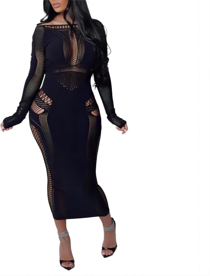 Women's Sexy Hollow Out Long Sleeves See Through Club One Piece Mesh Bodycon Maxi Dress