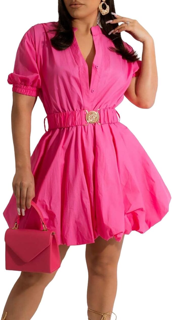 ENOPINK Womens Mini Dress Puff Sleeve Dresses 2025 Button Down Split V Neck High Waist Party Clubwear with Belt