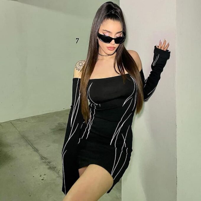 Aopwsrlyi Women Sexy Off Shoulder Long Sleeve Mini Bodycon Dress Y2K Print Asymmetrical Hem Dresses Party Clubwear – Bild 2