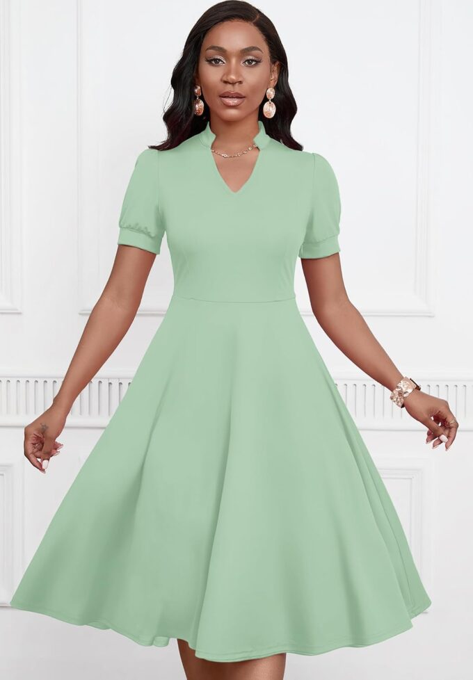 Womens Short Puff Sleeve V Neck Casual Semi-Formal Cocktail Party A-Line Dress – Bild 5