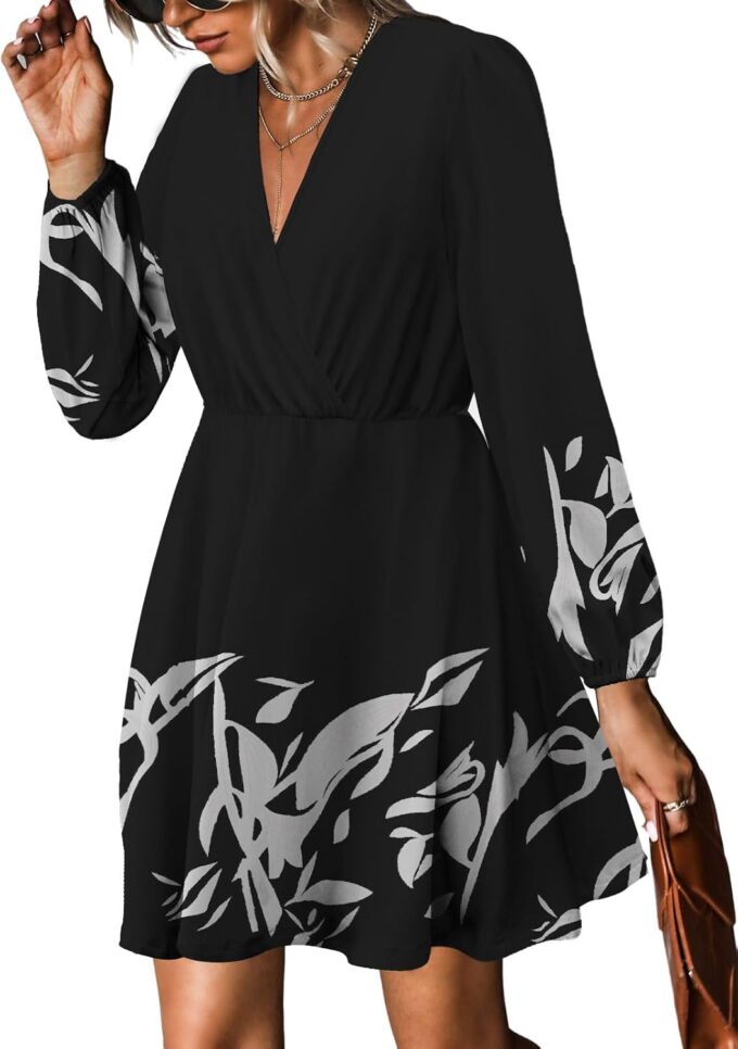 Women's Floral Dresses 2025 V Neck Long Sleeve Fall Dress