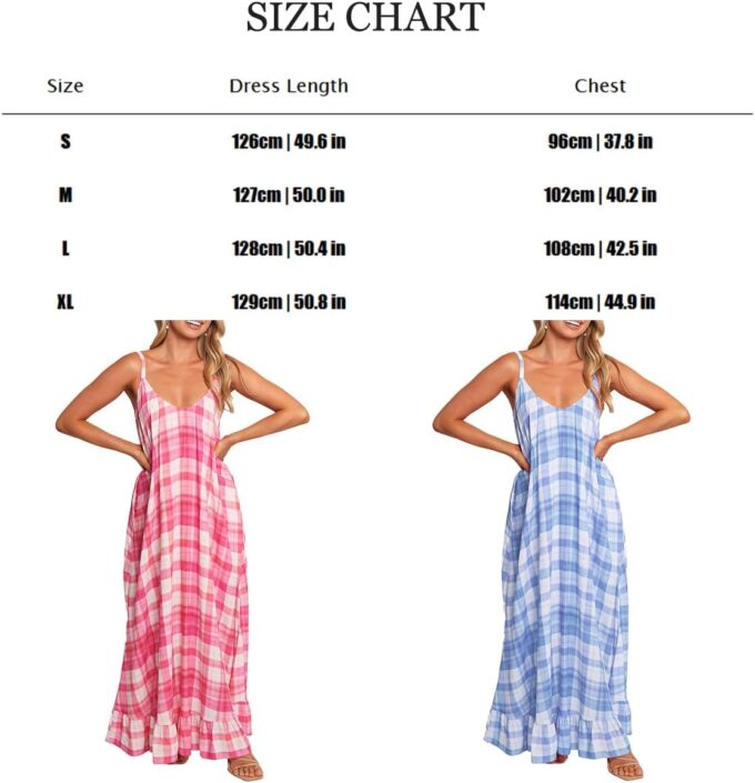 Spaghetti Strap Dresses for Women Plaid V Neck Maxi Sundress Beach Long Dress with Pockets – Bild 6