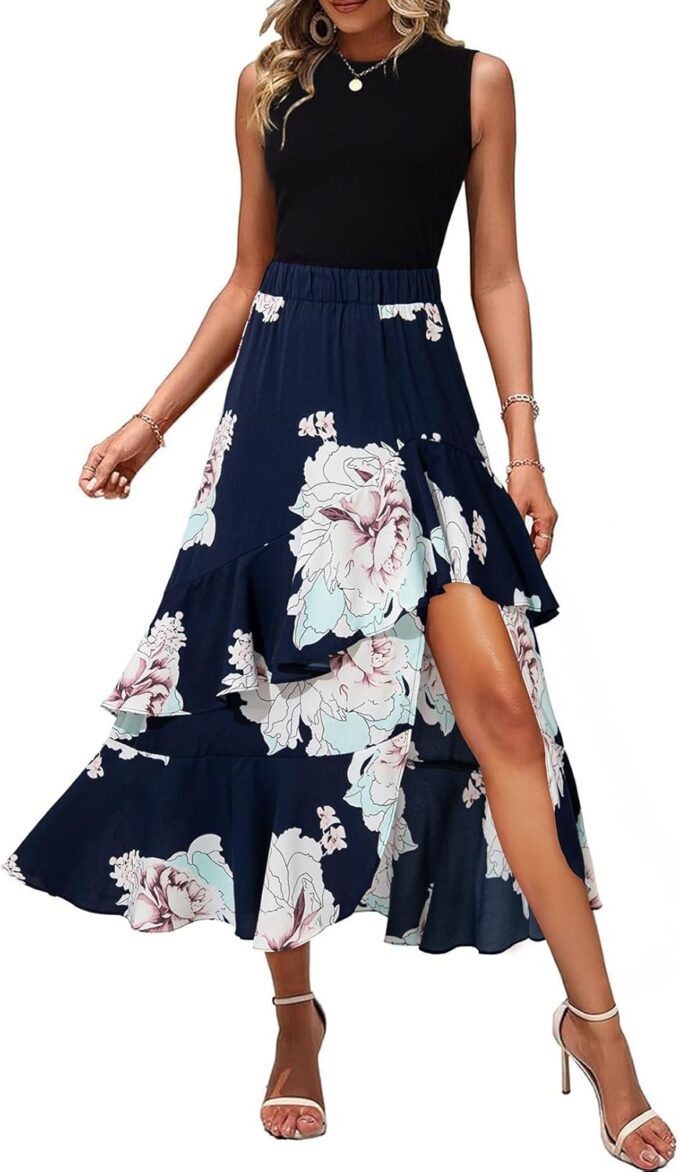 Dokotoo Women's 2025 Sleeveless Fall Summer Dresses Casual Boho Crewneck Floral Boho Cocktail Party Dresses