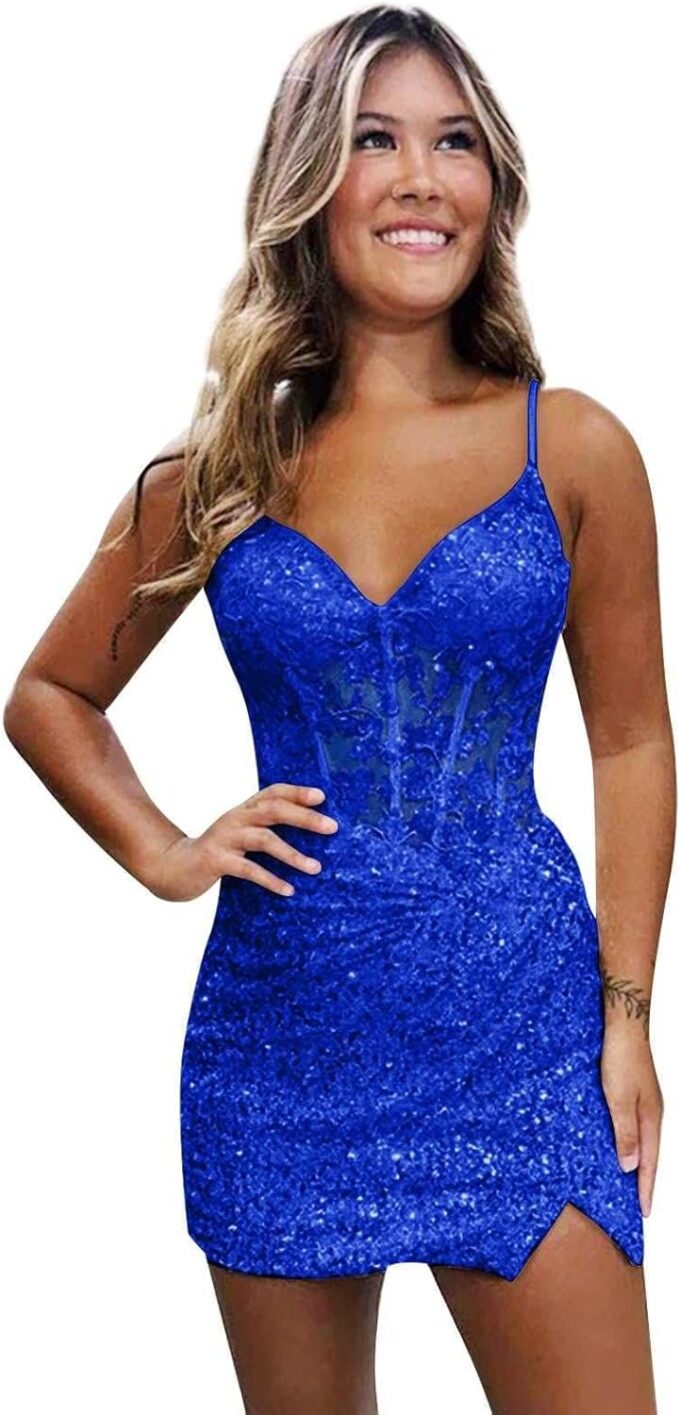 Sparkly Sequin Homecoming Dresses for Teens 2025 Lace Applique Party Dress Short Cocktail Gowns with Slit