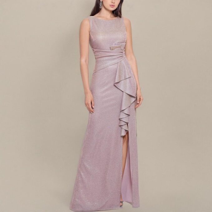 Betsy & Adam Women's Long Glitter Sleeveless Gown with Ruffle Detail and Hidden Back Zipper – Bild 4