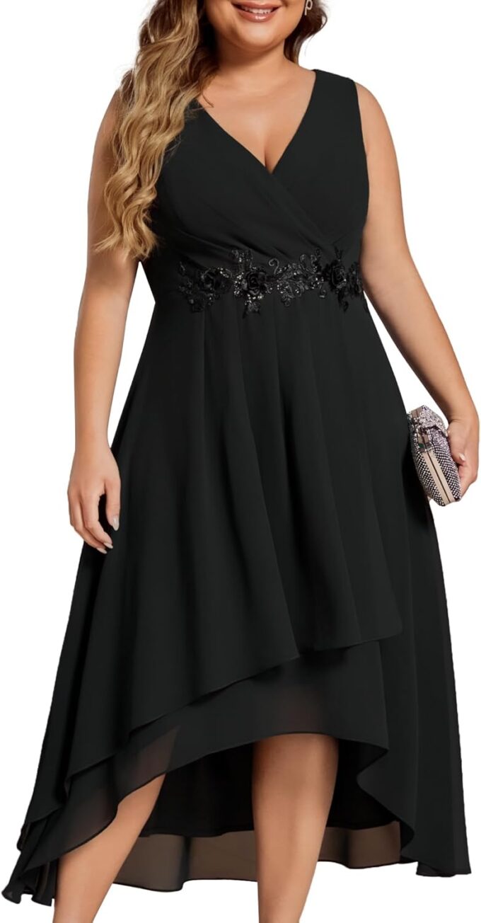 Ever-Pretty Plus Women's V Neck Applique Chiffon Pleated Sleeveless Midi Plus Size Cocktail Party Dresses