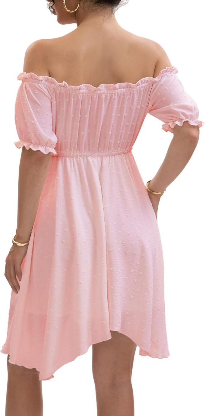 Womens Off Shoulder Ruffle Puff Sleeve Tie Up Irregular Swiss Dot Mini Cottagecore Dress – Bild 3