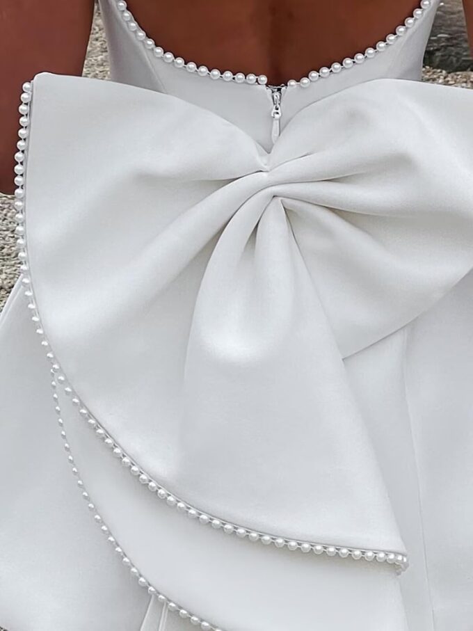 Satin Short Wedding Dresses for Women Beading Backless Bridal Shower Dresses for Bride Detachable Bow Wedding Dress – Bild 5