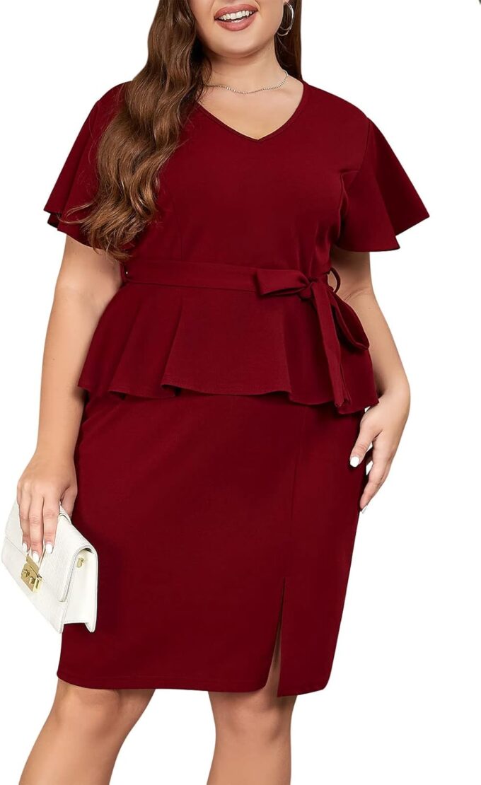 Plus Size Frauen Empire Taillierte Arbeit Midi Bleistift Bodycon Kleid V-Ausschnitt Kurzarm
