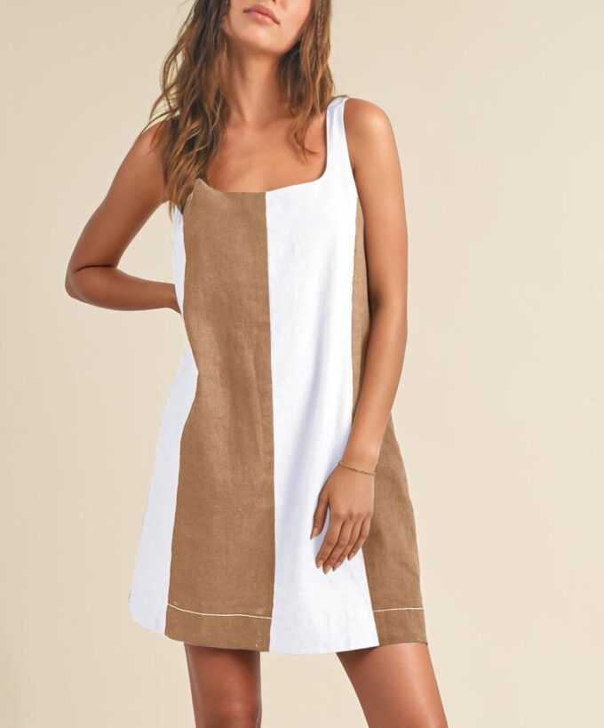 CHARTOU Women Summer Sleeveless Linen Dress Color Block Short Beach Vacation Tank Dress – Bild 2