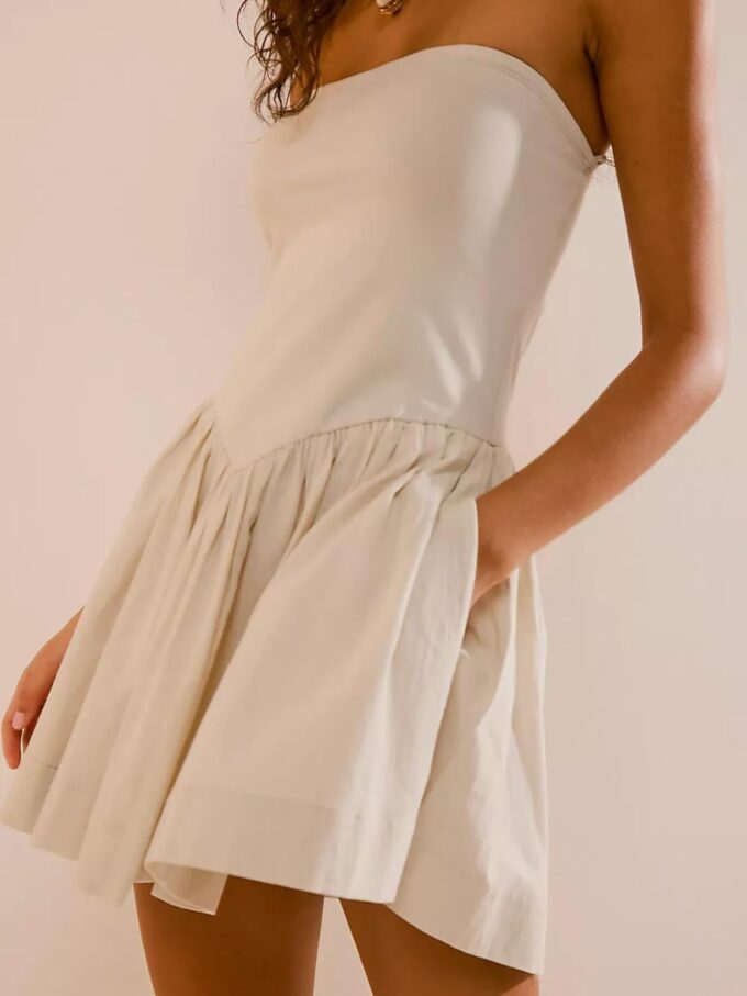 Summer Solid Strapless Mini Dress for Women Tube Top Dresses Patchwork Pleated Drop Waist Flared Beach Dress – Bild 4