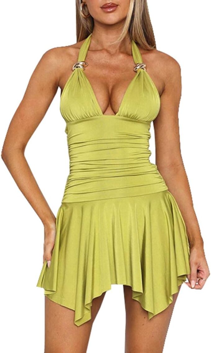 Women Sexy Deep V One Piece Mini Skirt Sleeveless Tiered Layered Ruffle Flowy Short Swim Halter Dress Pleated