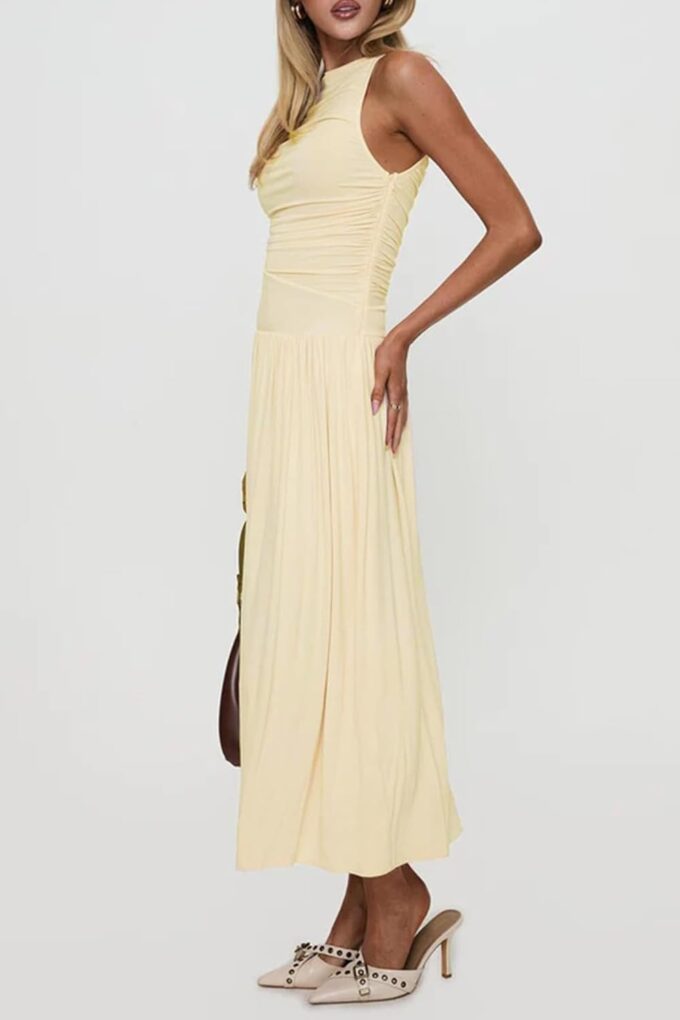 Women's Summer Sleeveless Maxi Dresses Casual Ruched Boat Neck High Waist Wedding Cocktail Long Flowy Tank Dress – Bild 4