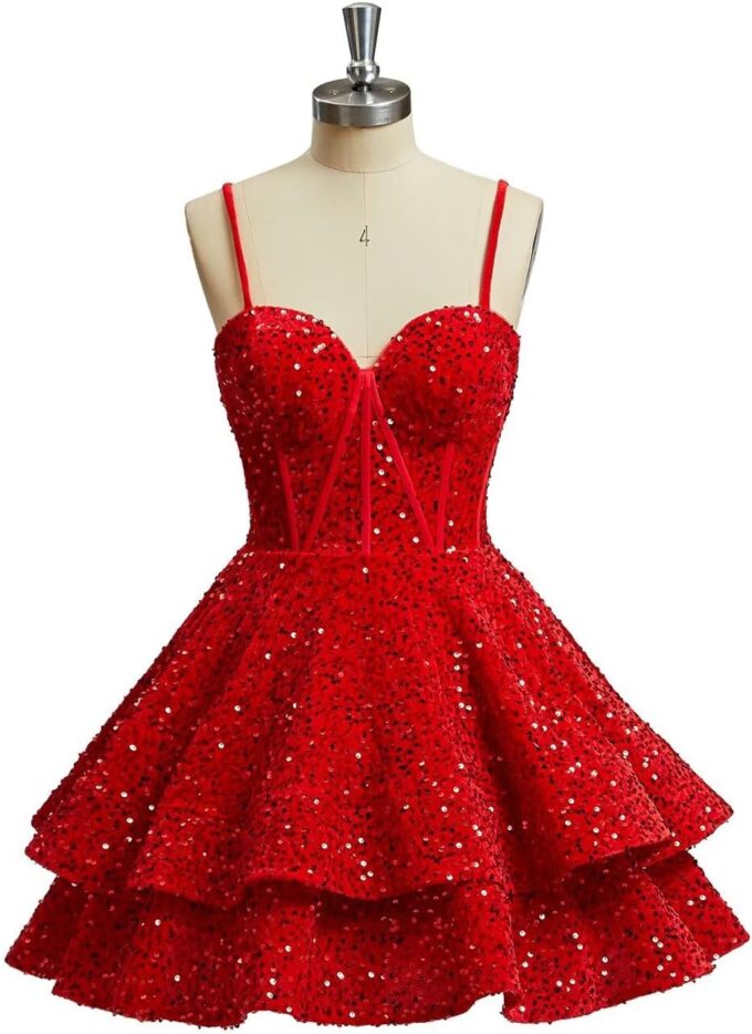 Xijun Sequin Homecoming Dresses Short Tiered Teens Sparkly HOCO Dress 2025 Prom Party Cocktail Gowns – Bild 2