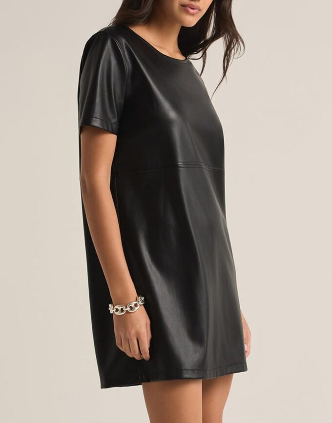 Women's Faux Leather Mini Dress Short Sleeve Leather Tunic Dress A-Line Party Dress – Bild 4